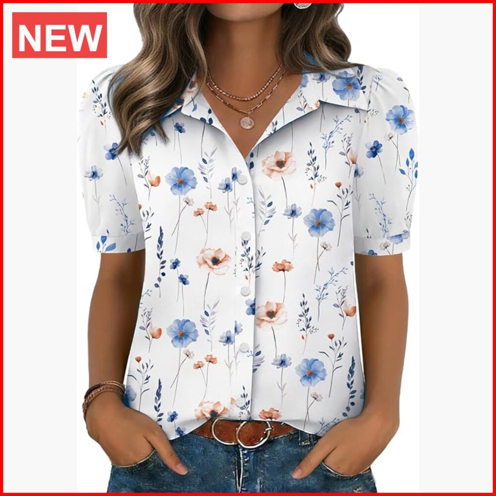 Polyester Chiffon Button Down Shirt Puff Short Sl… - image 1